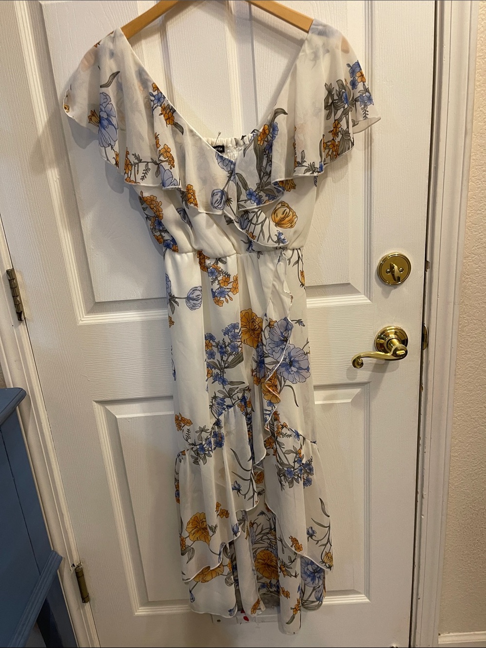 As U Wish  Floral Ruffle V-Neck Maxi Dress in White with Blue & Mustard Flowers